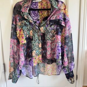 Zara Purple Pink Blouse with Notched Collar and Long Sleeves